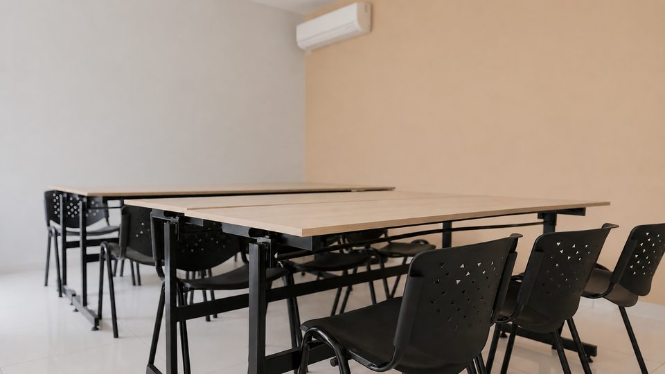Mesas modulares y sillas del auditorio del Cacique Hotel, para capacitaciones y reuniones